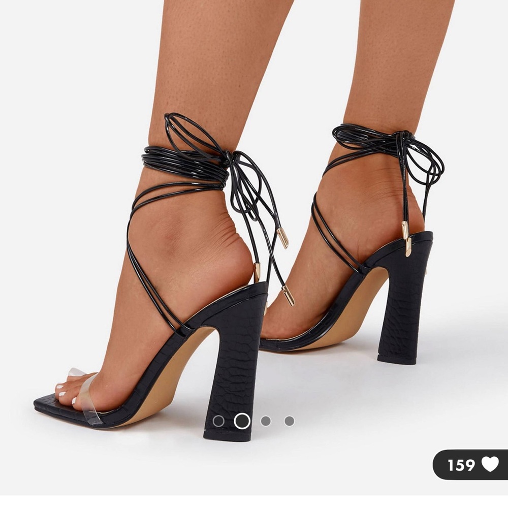 Ego block heeled sandals with ankle tie in black croc